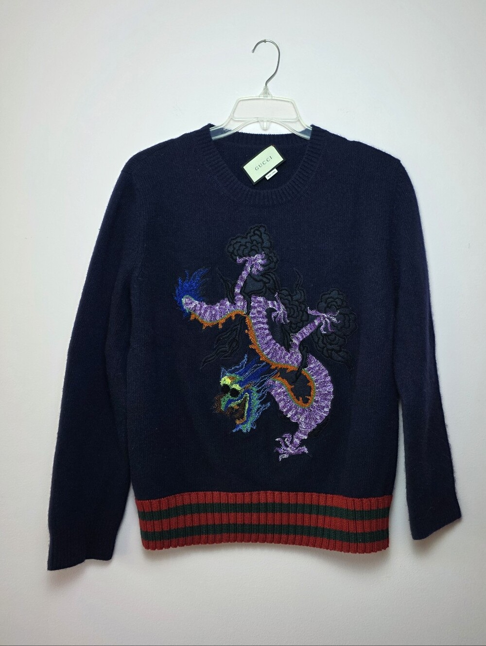 Gucci Men's Navy Dragon Embroidered Crewneck Sweater